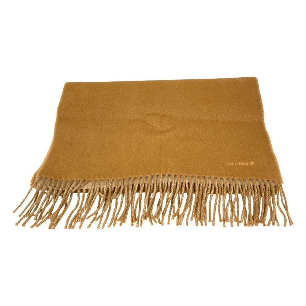 HERMES logo embroidered cashmere stole/scarf, beige/brown, women's.